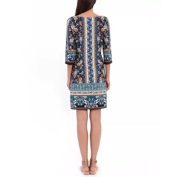 London Times Dress Floral Border Pattern 3/4 Sleeve Shift Mini Multicolor NWT 10 - Picture 3 of 11